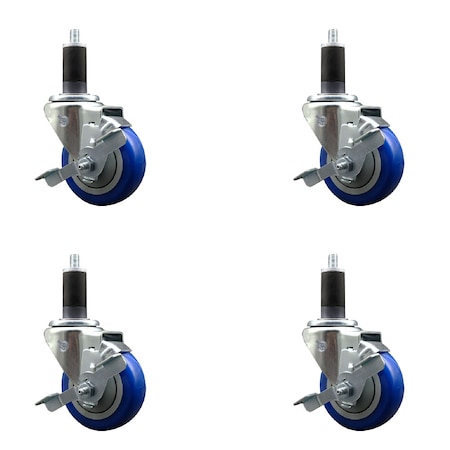 Service Caster 3.5'' SS Blue Poly Swivel 1-1/4'' Expanding Stem Caster Set with Brake, 4PK SCC-SSEX20S3514-PPUB-BLUE-TLB-114-4